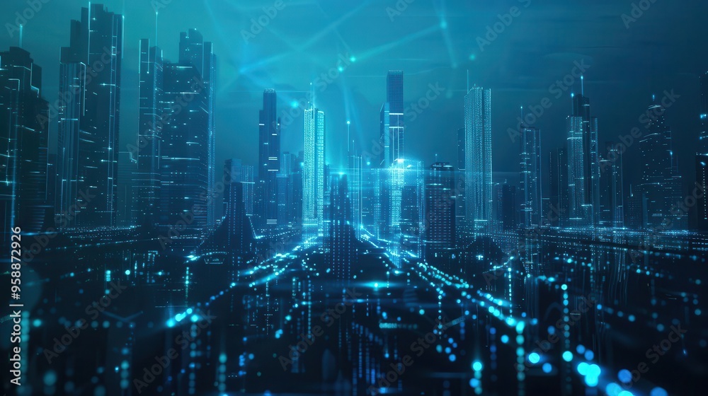 futuristic cityscape with glowing blue network of interconnected dots and lines sleek skyscrapers blend with digital infrastructure symbolizing global connectivity futuristic cityscape with glowing blue network of interconnected dots and lines sleek skyscrapers blend with digital infrastructure symbolizing global connectivity