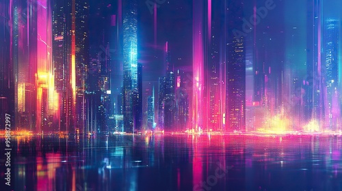 Futuristic urban skyline with bright, colorful lights and tall structures. Premium background for the latest technology needs. generative ai