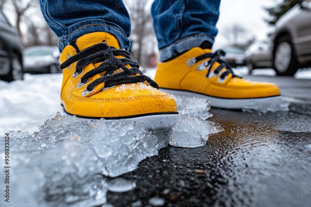 Accident, on a slippery sidewalk, black ice leads to an unexpected fall and injury