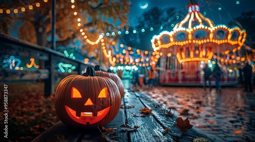 Lit Jack-o'-Lantern on a Bench in Front of a Blurred Carnival