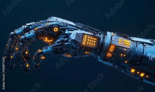 A Robotic Hand With Glowing Orange Lights and Complex Mechanisms