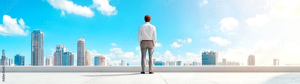 A businessman stands on a rooftop, gazing at a modern city skyline under a bright blue sky, inspired and ready for new challenges. A businessman stands on a rooftop, gazing at a modern city skyline under a bright blue sky, inspired and ready for new challenges.