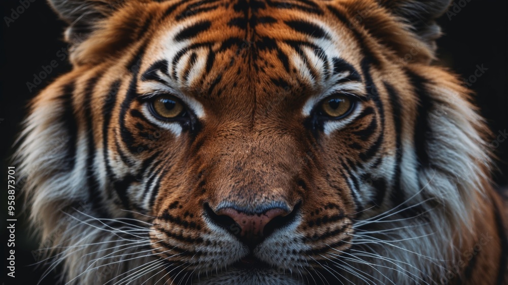 A colorful tiger head on a black background. A colorful tiger head on a black background.
