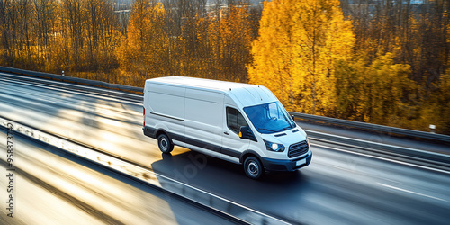 Fototapeta Naklejka Na Ścianę i Meble -  White modern delivery small shipment cargo courier van moving fast on motorway road to city