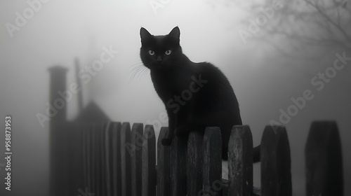 A black cat with piercing eyes sitting on a fence in a foggy night photo