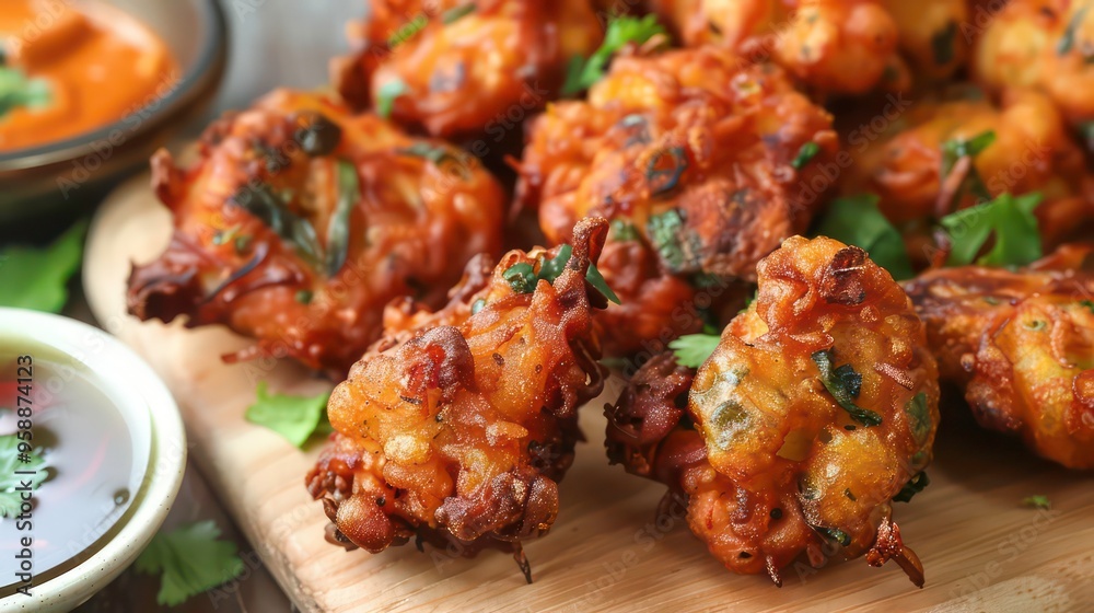 Closeup of crispy fried onion bhajis with green coriander on a wooden board and a bowl of dipping sauce. Closeup of crispy fried onion bhajis with green coriander on a wooden board and a bowl of dipping sauce.