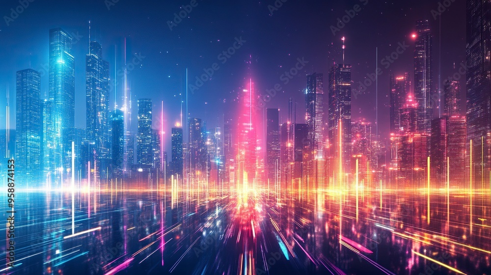 Futuristic urban skyline with bright, colorful lights and tall structures. Premium background for the latest technology needs. generative ai Futuristic urban skyline with bright, colorful lights and tall structures. Premium background for the latest technology needs. generative ai