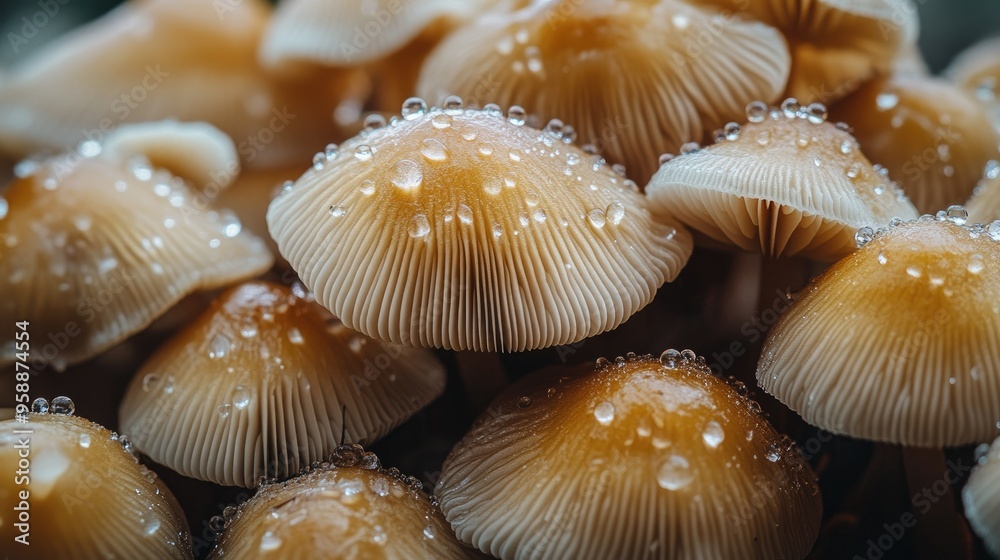 A detailed shot of a cluster of mushrooms, highlighting their varied shapes and textures, with dew drops glistening on the caps. A detailed shot of a cluster of mushrooms, highlighting their varied shapes and textures, with dew drops glistening on the caps.