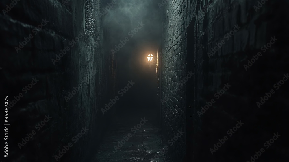 A dark, eerie alleyway with a single flickering light A dark, eerie alleyway with a single flickering light