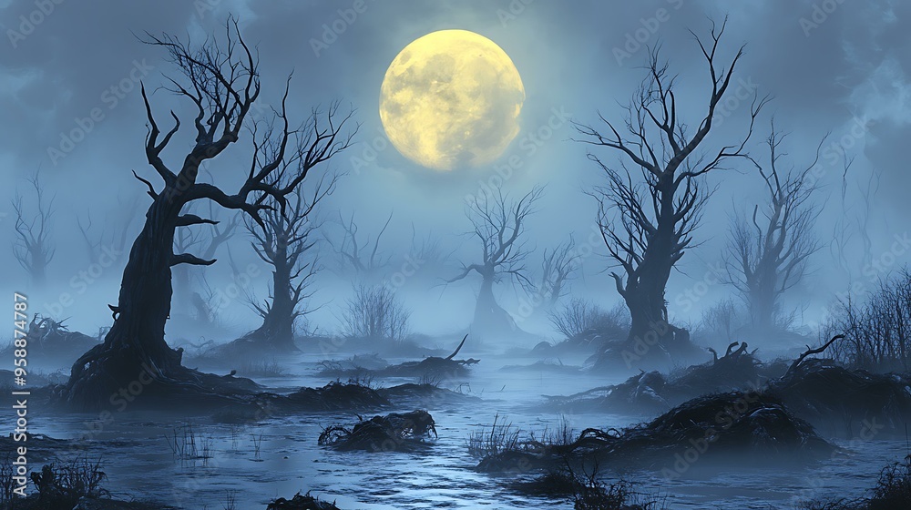 Fototapeta premium A fog-covered swamp with twisted, bare trees and a glowing full moon