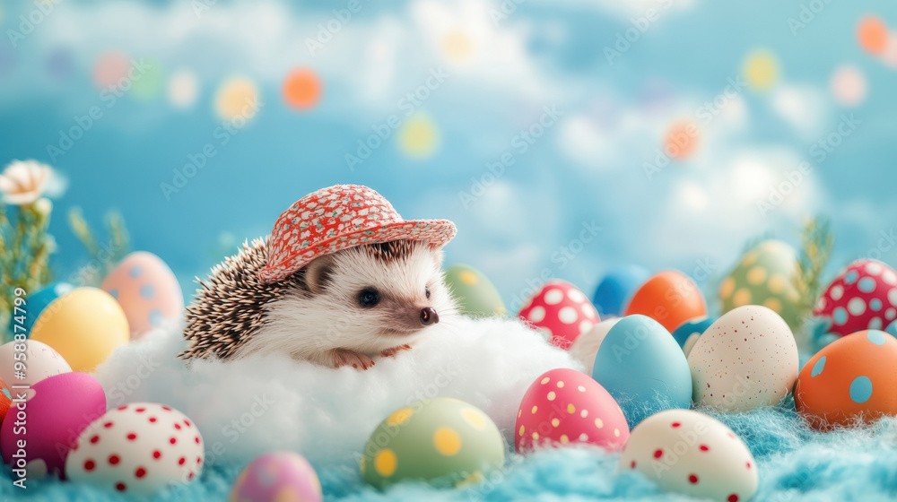Obraz premium Cute baby hedgehog with balloons Cute baby animals. Baby animals created by AI.