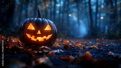 A glowing jack-o-lantern with a spooky forest in the background photo