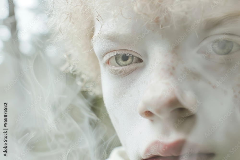Ethereal Close-Up Portrait of an Albino Individual in a Mystical Foggy Forest Setting Ethereal Close-Up Portrait of an Albino Individual in a Mystical Foggy Forest Setting