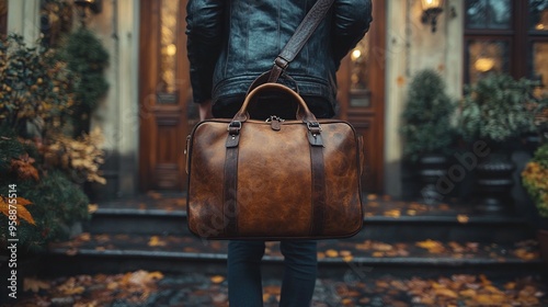 midsection of young man with bag entering front door when coming back home
