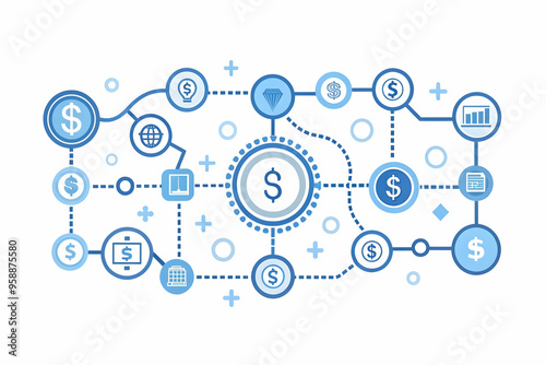 Flat AI Fintech: Streamlining Financial Technology with Dollar Path Concept - Modern Vector Illustration of Smart Business Icons Representing AI Impact on Cost Management, Isolated on White Background