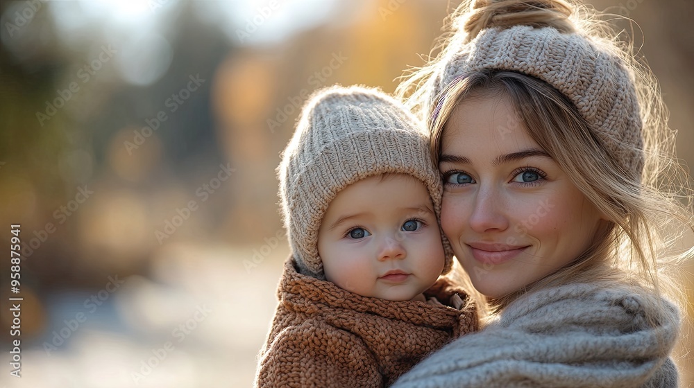 mother holding her little baby son wearing knitted sweater during walk in nature looking at camera mother holding her little baby son wearing knitted sweater during walk in nature looking at camera