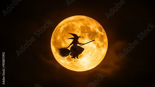 A witch flying on a broomstick silhouetted against a full moon