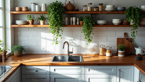 Modern Minimalist Kitchen , A bright and airy modern kitchen with white cabinets, a stainless steel sink, and a wooden countertop. Lush green plants add a touch of nature and warmth to the minimalist.