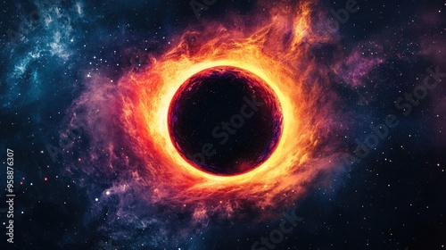 A cosmic depiction of a black hole surrounded by fiery cosmic elements.