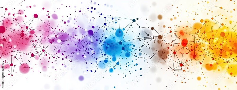 Obraz premium 10. A contemporary abstract illustration featuring a colorful network connection design. The geometric pattern includes bright dots and lines on a white background, making it suitable for technology