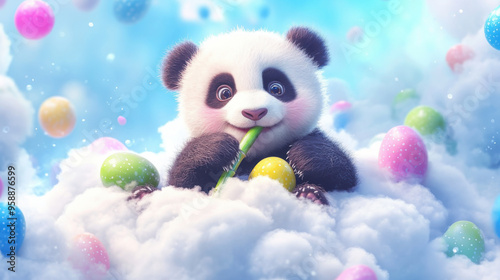 A little panda sits on a cloud and has colorful eggs.