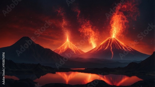 Erupting Volcanoes Illuminating The Night Sky With Flowing Lava Rivers.