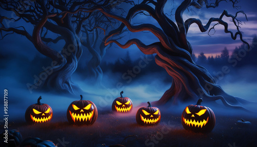 halloween celebration with scary looking pumpkins and scary background, ai generated