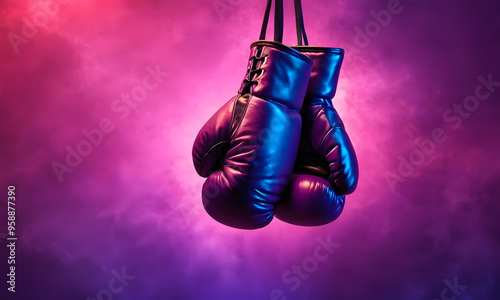 boxing gloves on a purple smoke background, black boxing gloves hanging on smooth purple background