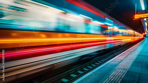 High-speed train speeds through a pink and blue neon-lit futuristic tunnel.