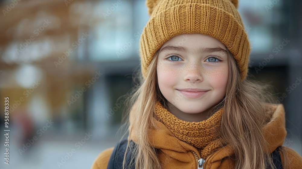 outdoor portrait of cute young girl with beanie hat and backpack girl with long hair going to school banner with copy space outdoor portrait of cute young girl with beanie hat and backpack girl with long hair going to school banner with copy space