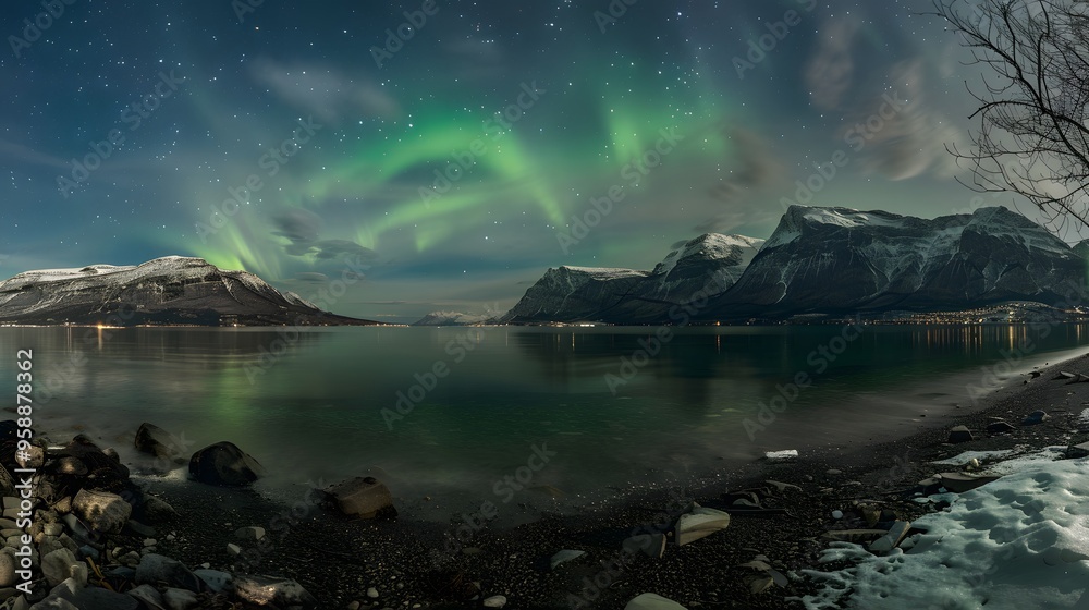 A lake and Aurora Borealis with snow and mountains in the background A lake and Aurora Borealis with snow and mountains in the background