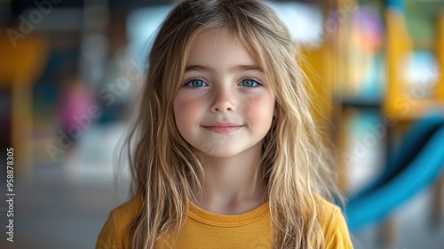 Wallpaper Mural outdoor portrait of cute young girl girl with long hair standing on playground in the city Torontodigital.ca