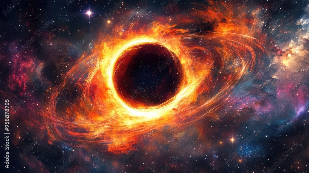 A vibrant depiction of a black hole surrounded by cosmic elements and swirling colors. A vibrant depiction of a black hole surrounded by cosmic elements and swirling colors.
