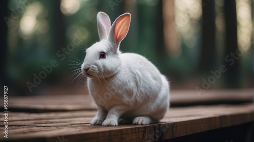 A white rabbit is standing on a wooden walkway in a forest. photo