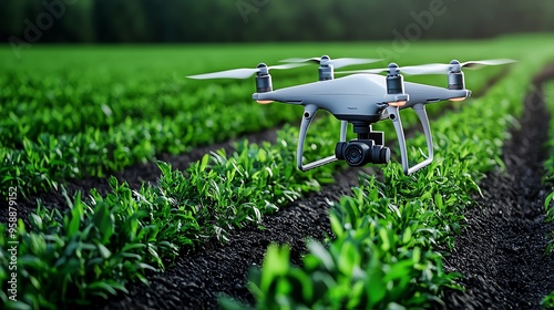 A modern drone capturing images in a lush green agricultural field, showcasing technology in farming. photo