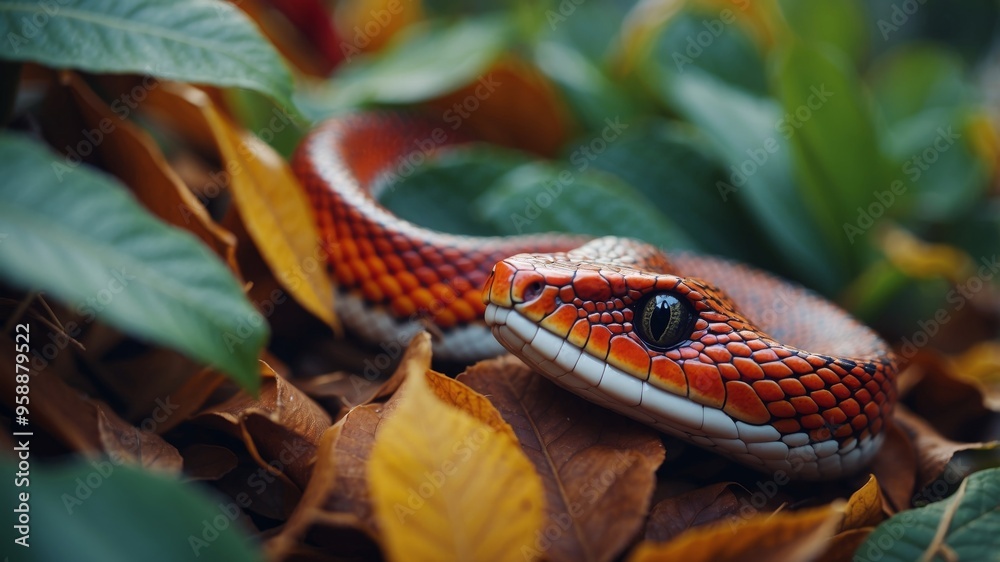 Obraz premium A colorful snake is curled up in the leaves.