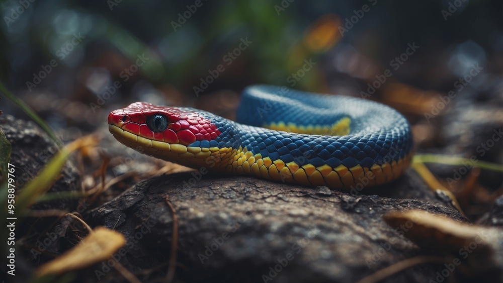A colorful snake with a blue head and red and yellow body.