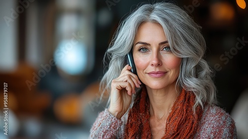 portrait of a beautiful woman with gray hair using speakerphone to make a call