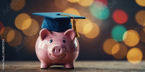 A piggy bank with a graduation cap on top of it. photo