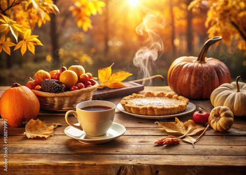 Cozy morning scene with warm sunlight, steaming coffee, and remnants of a delicious Thanksgiving feast scattered across a rustic wooden table on a crisp Monday. photo