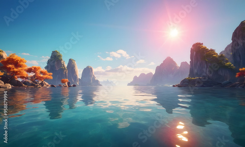 beautiful view of the sea with soft smooth colors and clear sky with mountains and clear water and sun