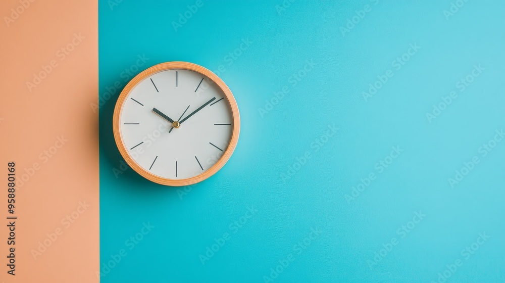 A minimalist wall clock against a two-tone background of orange and blue, emphasizing timekeeping and design aesthetics. A minimalist wall clock against a two-tone background of orange and blue, emphasizing timekeeping and design aesthetics.