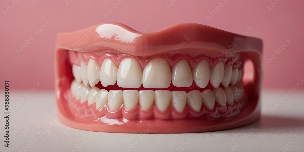 Obraz premium A model of a mouth with fake teeth and a pink background.