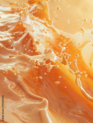 Apricotcolored fluid with splashes, glossy cream caramel look, 3D effect, macro photorealistic background, modern and smooth photo