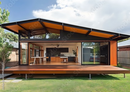 Modern House with Wooden Deck and Large Windows