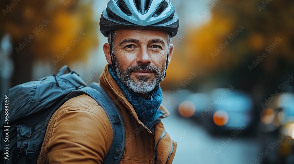 portrait of businessman commuter on the way to work putting on cycling helmet sustainable lifestyle concept portrait of businessman commuter on the way to work putting on cycling helmet sustainable lifestyle concept