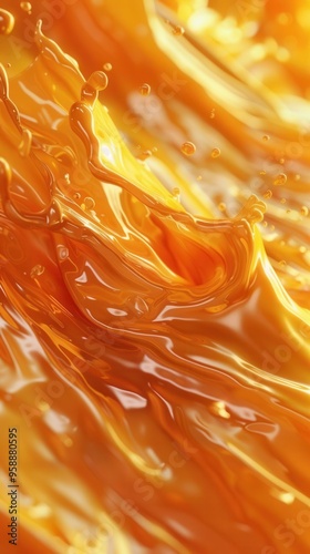 Flowing apricotcolored liquid, splashes, glossy cream caramel fluid, 3D effect, modern macro photorealistic abstract background, vibrant and smooth photo