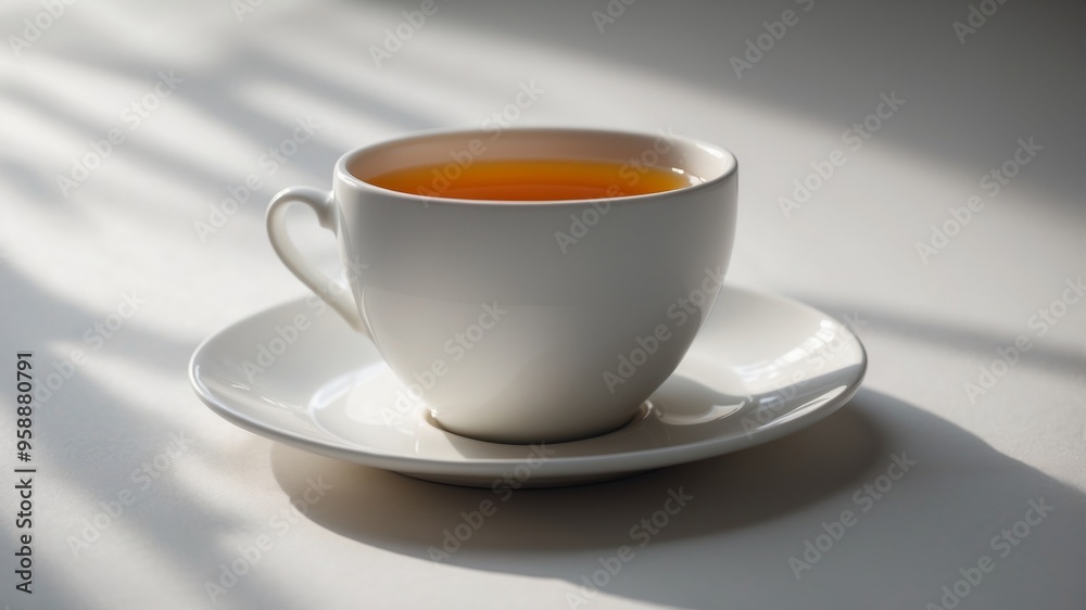 White cup of tea with a sharp shadow on a bright white surface with copy space. White cup of tea with a sharp shadow on a bright white surface with copy space.