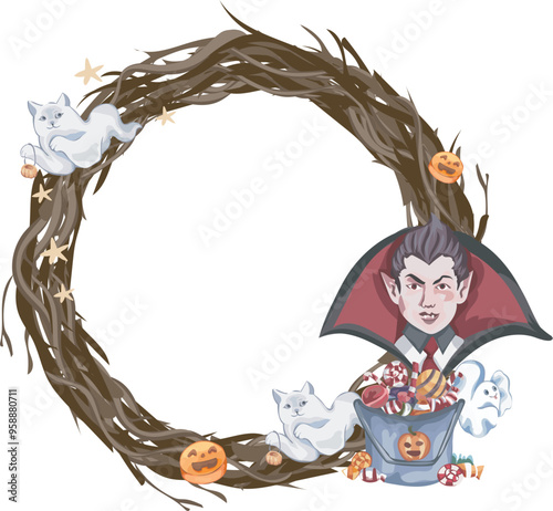 Halloween wreath with cartoon dracula illustration on transparent background.
