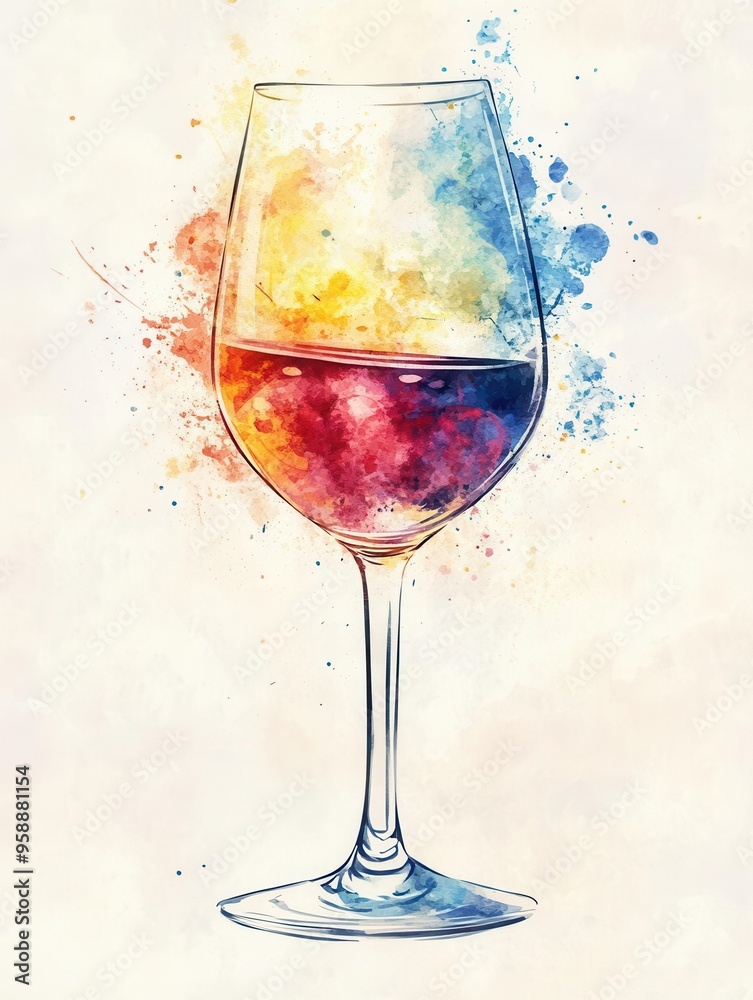 Wine glass flat design top view in a fine dining restaurant theme watercolor Splitcomplementary color scheme